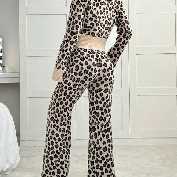Multicolor Casual Women's Knit Sweater & Wide Leg Leopard Print Pants Set - Picture 7 of 7